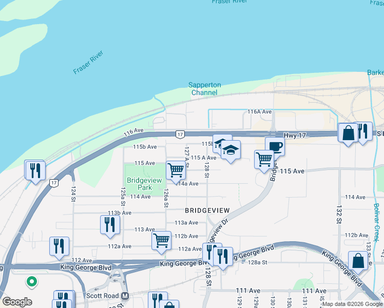 map of restaurants, bars, coffee shops, grocery stores, and more near 12751 115 A Avenue in Surrey