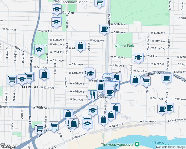 map of restaurants, bars, coffee shops, grocery stores, and more near 580 West 64th Avenue in Vancouver