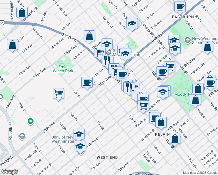 map of restaurants, bars, coffee shops, grocery stores, and more near 1219 London Street in New Westminster