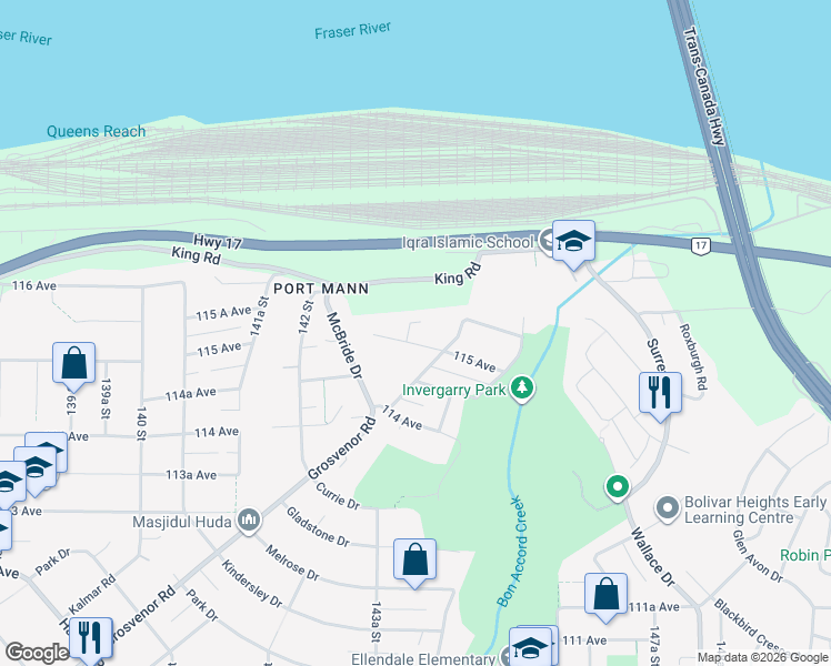map of restaurants, bars, coffee shops, grocery stores, and more near 14373 115 Avenue in Surrey
