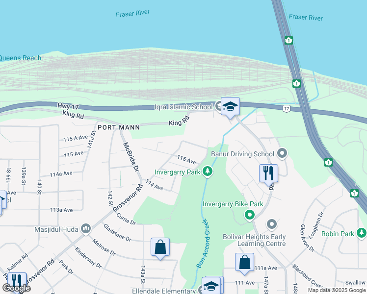 map of restaurants, bars, coffee shops, grocery stores, and more near 14446 Bedford Drive in Surrey