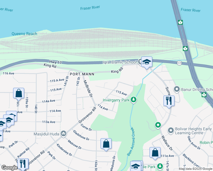 map of restaurants, bars, coffee shops, grocery stores, and more near 14373 115 Avenue in Surrey