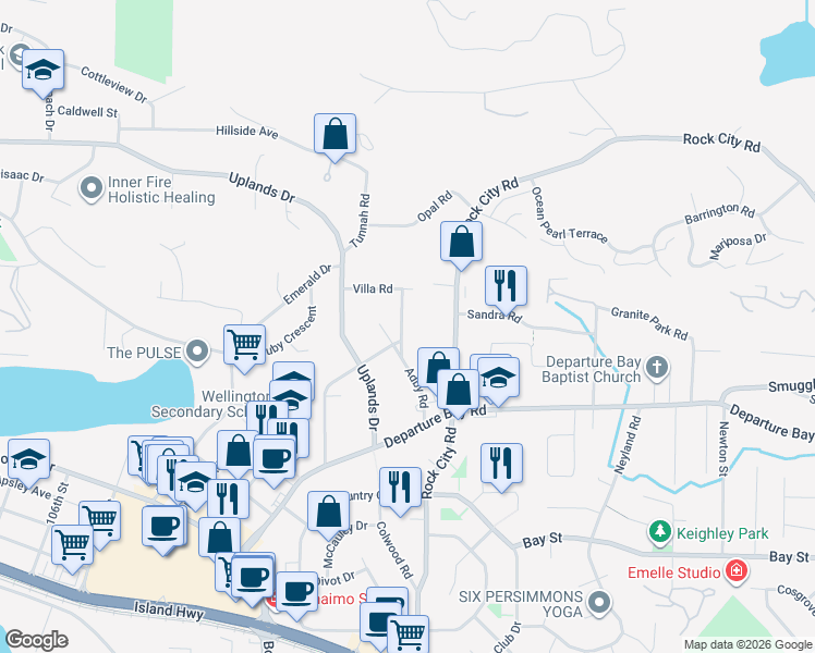 map of restaurants, bars, coffee shops, grocery stores, and more near 3240 Adby Road in Nanaimo