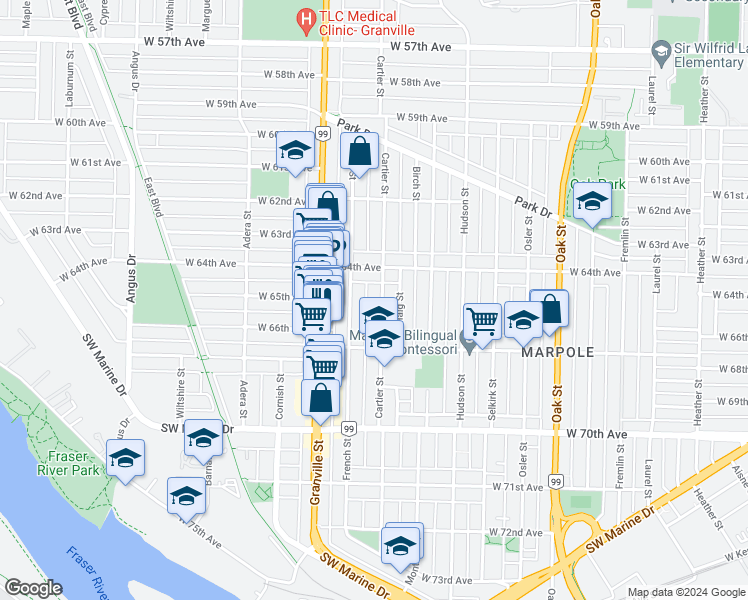 map of restaurants, bars, coffee shops, grocery stores, and more near 8119 Cartier Street in Vancouver