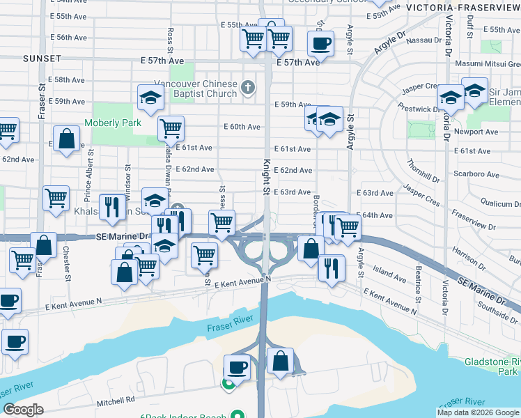 map of restaurants, bars, coffee shops, grocery stores, and more near 7983 Knight Street in Vancouver