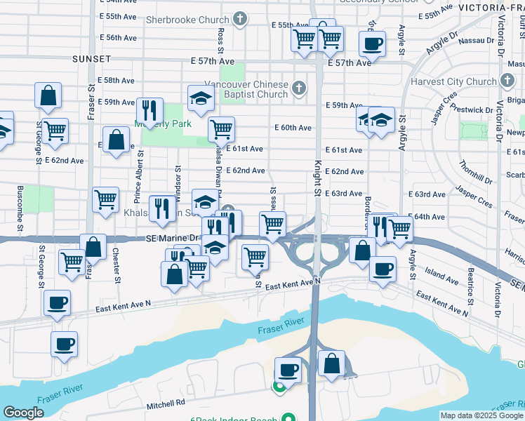 map of restaurants, bars, coffee shops, grocery stores, and more near 1277 East 64th Avenue in Vancouver