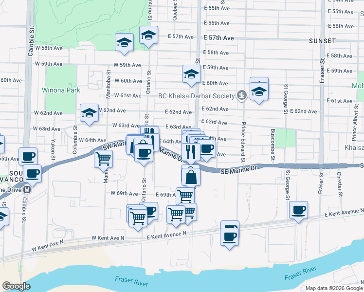 map of restaurants, bars, coffee shops, grocery stores, and more near 160 East 64th Avenue in Vancouver