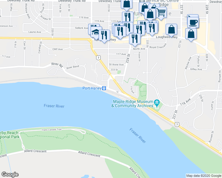 map of restaurants, bars, coffee shops, grocery stores, and more near in Maple Ridge