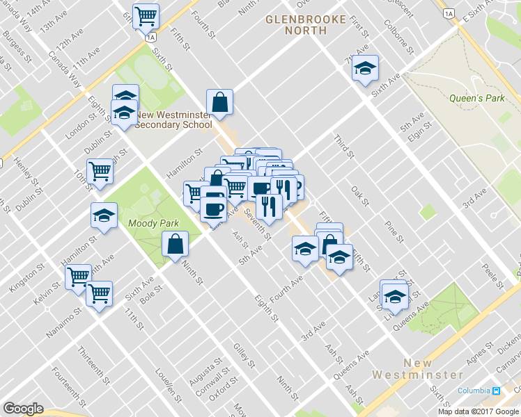 map of restaurants, bars, coffee shops, grocery stores, and more near in New Westminster