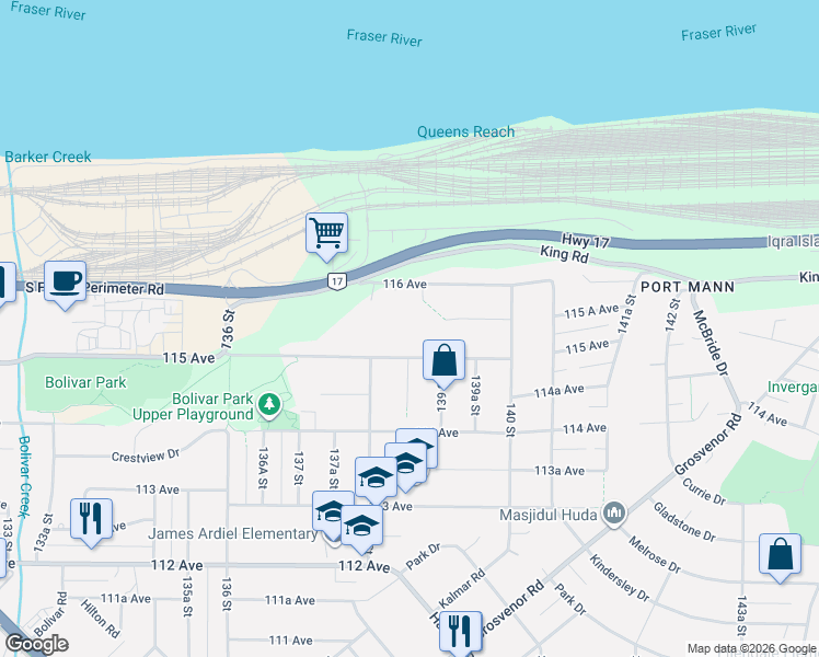map of restaurants, bars, coffee shops, grocery stores, and more near 13851 115 Avenue in Surrey