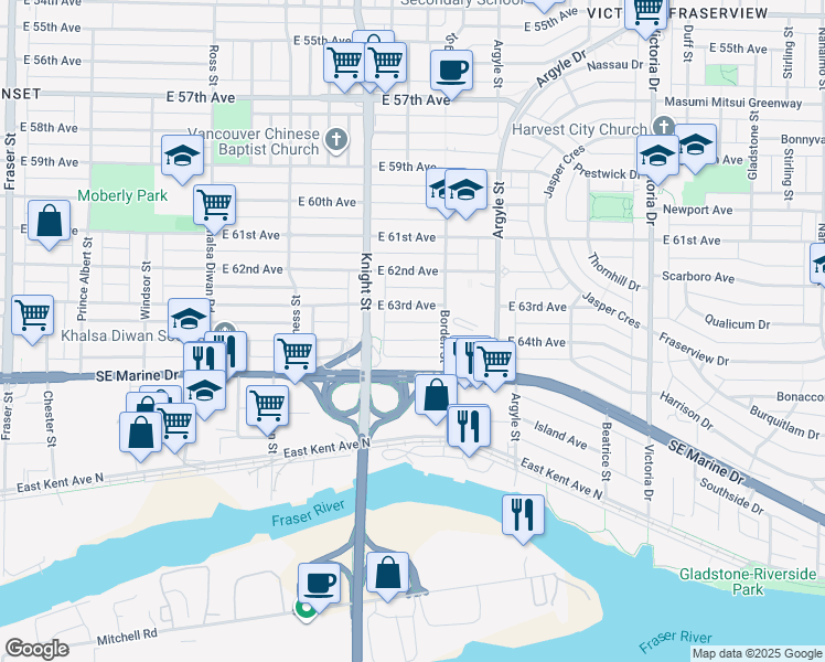 map of restaurants, bars, coffee shops, grocery stores, and more near 1521 East 64th Avenue in Vancouver