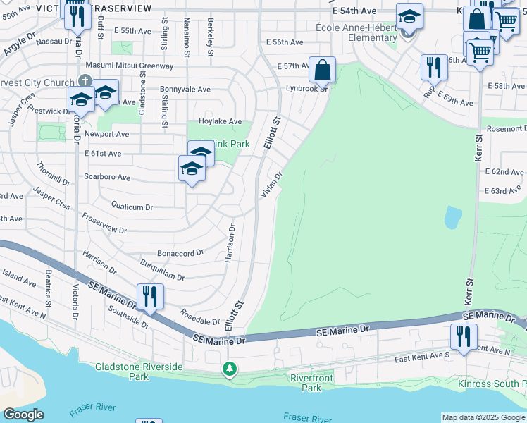map of restaurants, bars, coffee shops, grocery stores, and more near 7906 Elliott Street in Vancouver