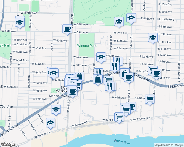 map of restaurants, bars, coffee shops, grocery stores, and more near 8007 Columbia Street in Vancouver