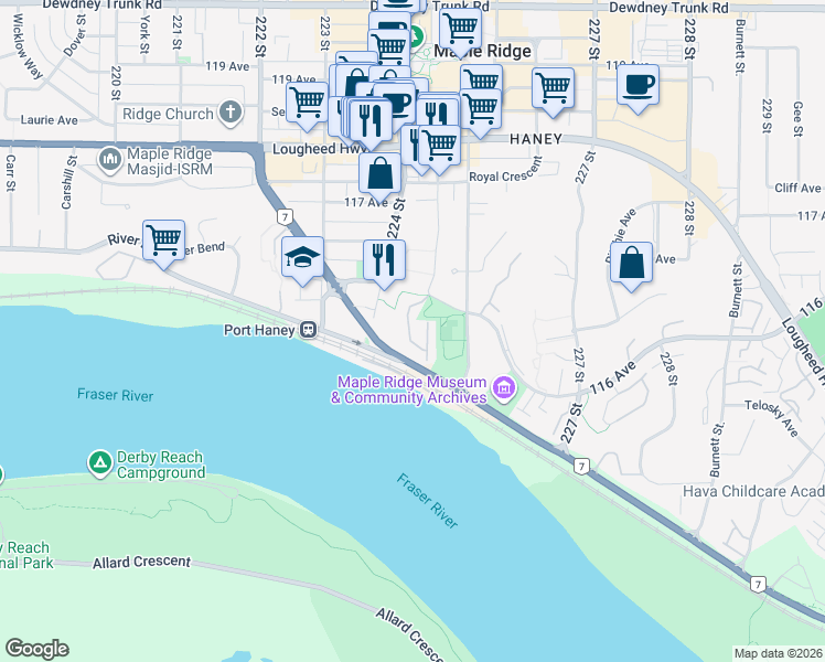 map of restaurants, bars, coffee shops, grocery stores, and more near 22488 116 Avenue in Maple Ridge