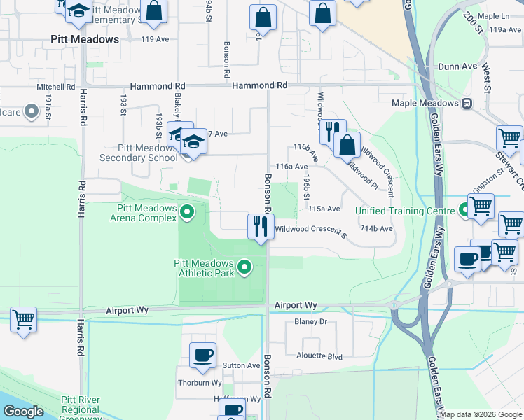 map of restaurants, bars, coffee shops, grocery stores, and more near 11541 Bonson Road in Pitt Meadows