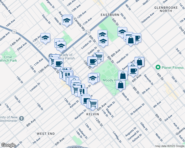 map of restaurants, bars, coffee shops, grocery stores, and more near 736 10th Street in New Westminster