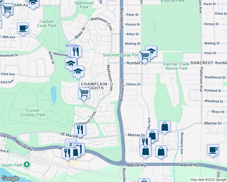 map of restaurants, bars, coffee shops, grocery stores, and more near 7867 Marchwood Place in Vancouver