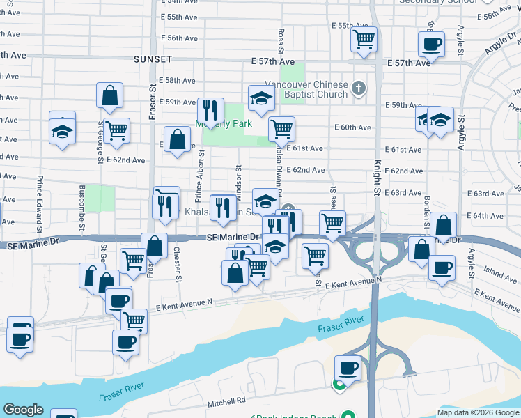 map of restaurants, bars, coffee shops, grocery stores, and more near 1055 East 64th Avenue in Vancouver
