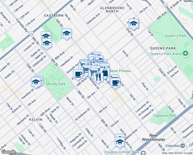 map of restaurants, bars, coffee shops, grocery stores, and more near in New Westminster