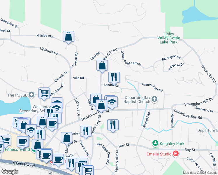 map of restaurants, bars, coffee shops, grocery stores, and more near 3739 Sandra Road in Nanaimo