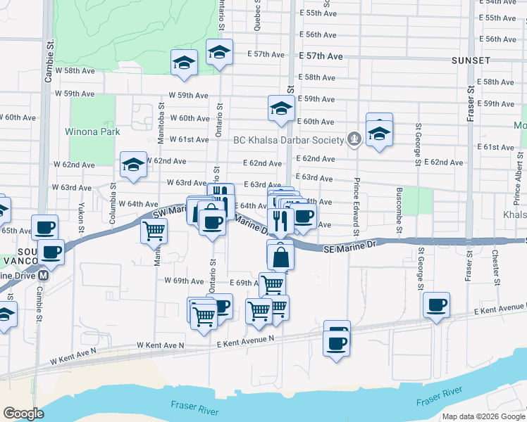 map of restaurants, bars, coffee shops, grocery stores, and more near 160 East 64th Avenue in Vancouver