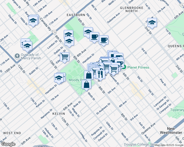 map of restaurants, bars, coffee shops, grocery stores, and more near 615 Eighth Street in New Westminster
