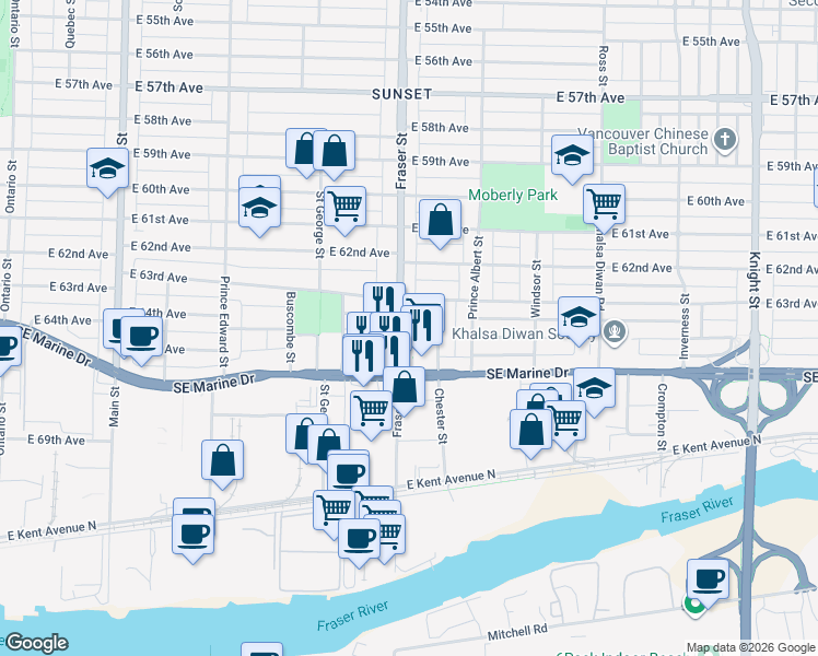 map of restaurants, bars, coffee shops, grocery stores, and more near 8026 Fraser Street in Vancouver