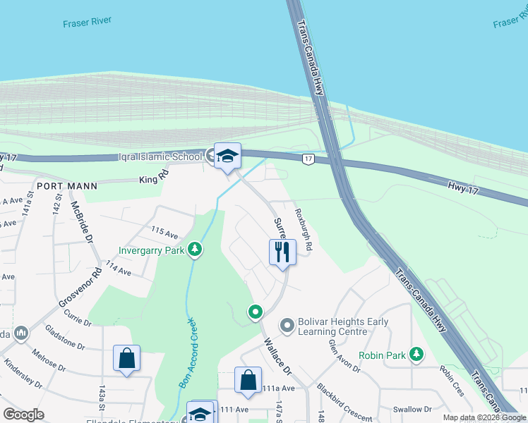 map of restaurants, bars, coffee shops, grocery stores, and more near in Surrey