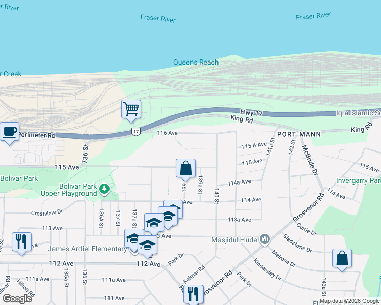 map of restaurants, bars, coffee shops, grocery stores, and more near 13918 115 A Avenue in Surrey