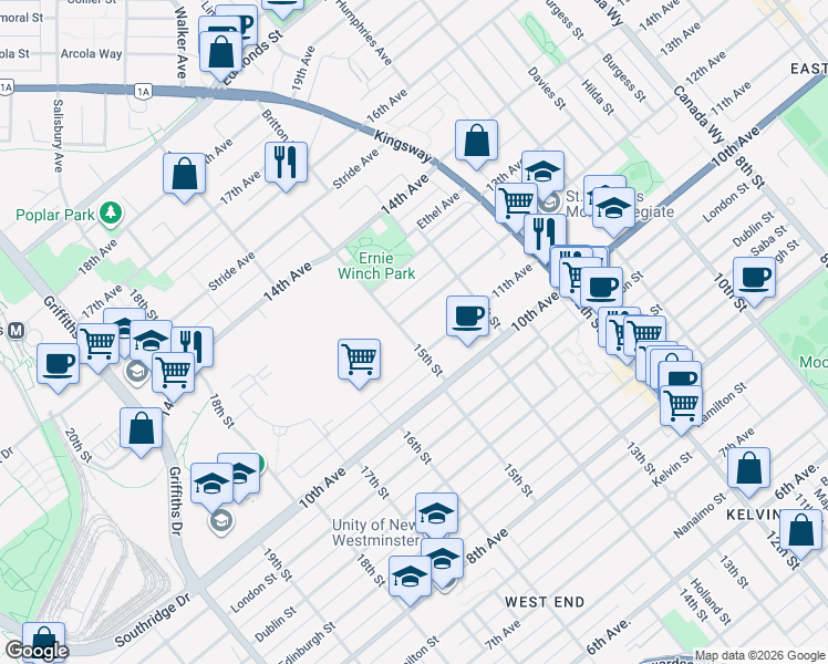 map of restaurants, bars, coffee shops, grocery stores, and more near 7812 15th Street in Burnaby