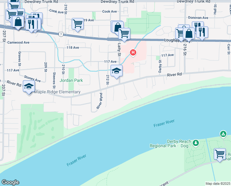 map of restaurants, bars, coffee shops, grocery stores, and more near 11542 Wood Street in Maple Ridge