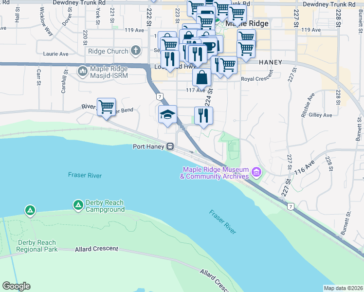 map of restaurants, bars, coffee shops, grocery stores, and more near 22327 River Road in Maple Ridge