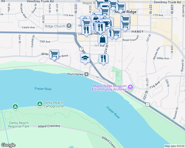 map of restaurants, bars, coffee shops, grocery stores, and more near in Maple Ridge