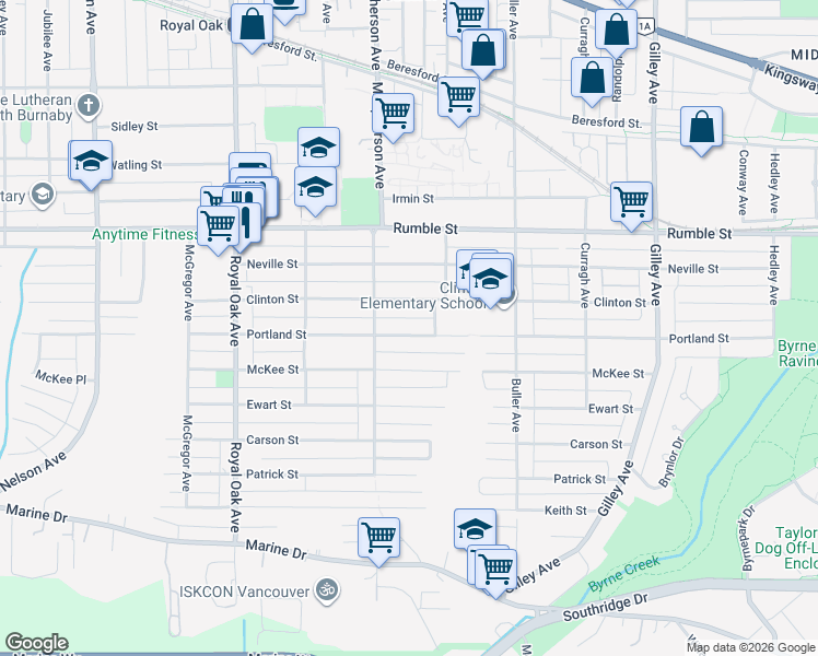 map of restaurants, bars, coffee shops, grocery stores, and more near 5655 Portland Street in Burnaby