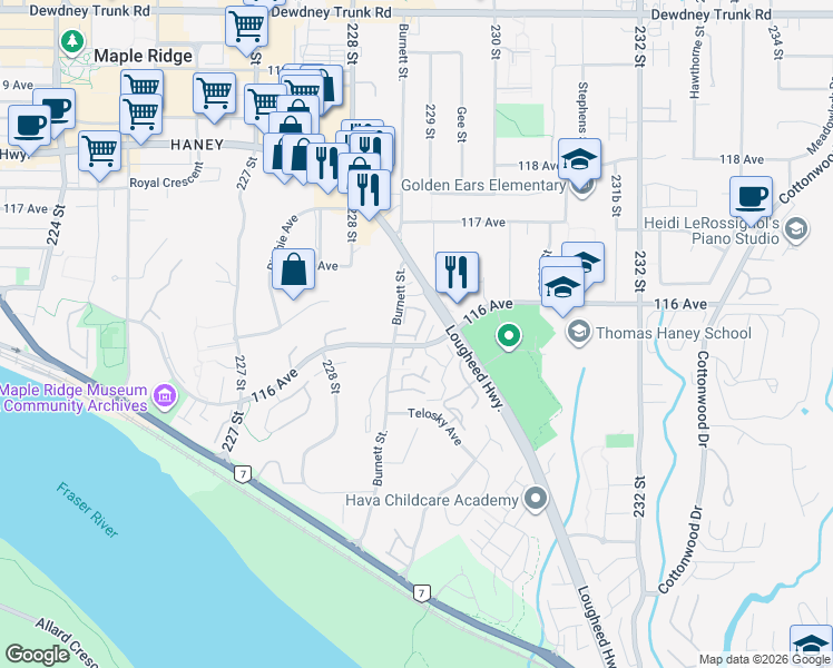 map of restaurants, bars, coffee shops, grocery stores, and more near 124-22950 116 Avenue in Maple Ridge