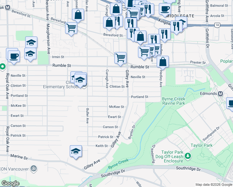 map of restaurants, bars, coffee shops, grocery stores, and more near 6175 Portland Street in Burnaby
