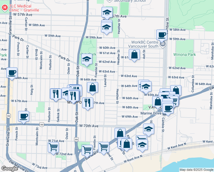map of restaurants, bars, coffee shops, grocery stores, and more near 8088 Laurel Street in Vancouver