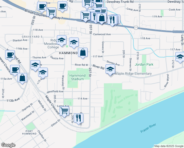 map of restaurants, bars, coffee shops, grocery stores, and more near 11548 207 Street in Maple Ridge
