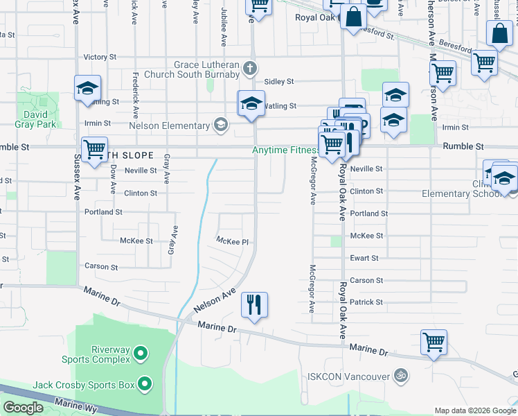 map of restaurants, bars, coffee shops, grocery stores, and more near 4909 Portland Street in Burnaby