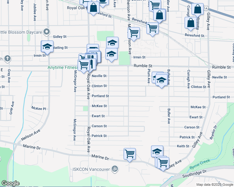 map of restaurants, bars, coffee shops, grocery stores, and more near 5477 Portland Street in Burnaby