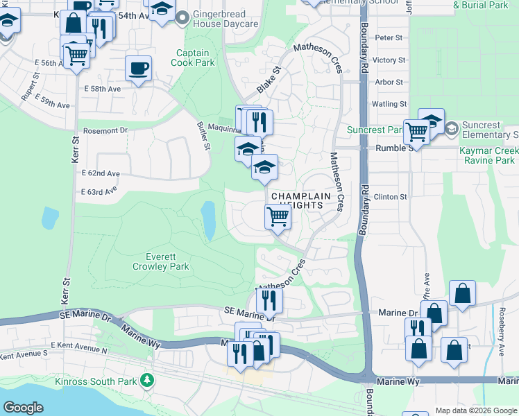 map of restaurants, bars, coffee shops, grocery stores, and more near in Vancouver