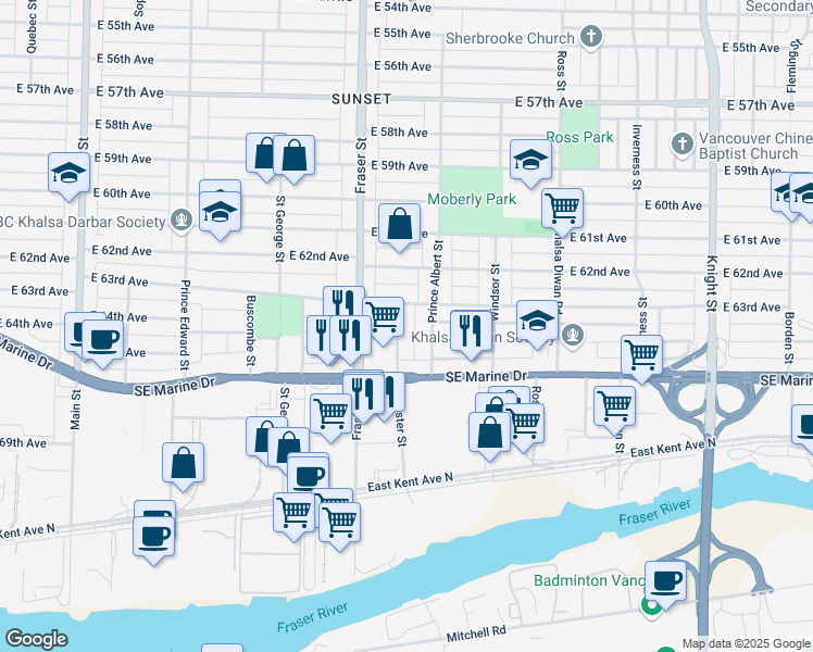 map of restaurants, bars, coffee shops, grocery stores, and more near 8006 Chester Street in Vancouver
