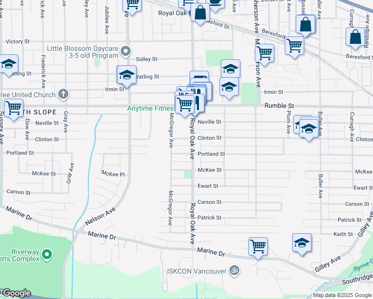 map of restaurants, bars, coffee shops, grocery stores, and more near 5181 Portland Street in Burnaby