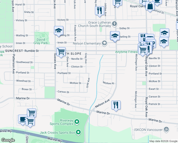 map of restaurants, bars, coffee shops, grocery stores, and more near 4669 Portland Street in Burnaby
