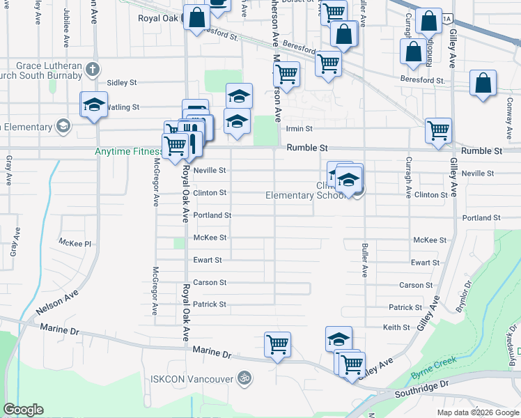 map of restaurants, bars, coffee shops, grocery stores, and more near 5541 Portland Street in Burnaby