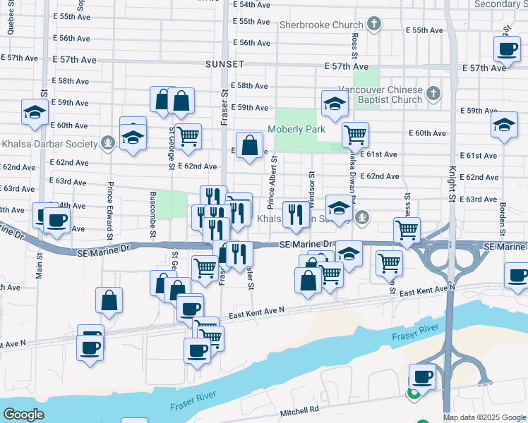 map of restaurants, bars, coffee shops, grocery stores, and more near 8005 Prince Albert Street in Vancouver