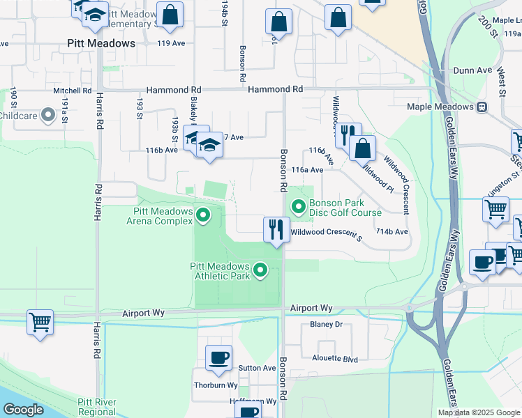 map of restaurants, bars, coffee shops, grocery stores, and more near 19539 115A Avenue in Pitt Meadows