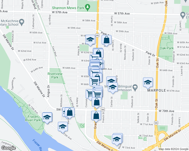map of restaurants, bars, coffee shops, grocery stores, and more near 1503 West 65th Avenue in Vancouver