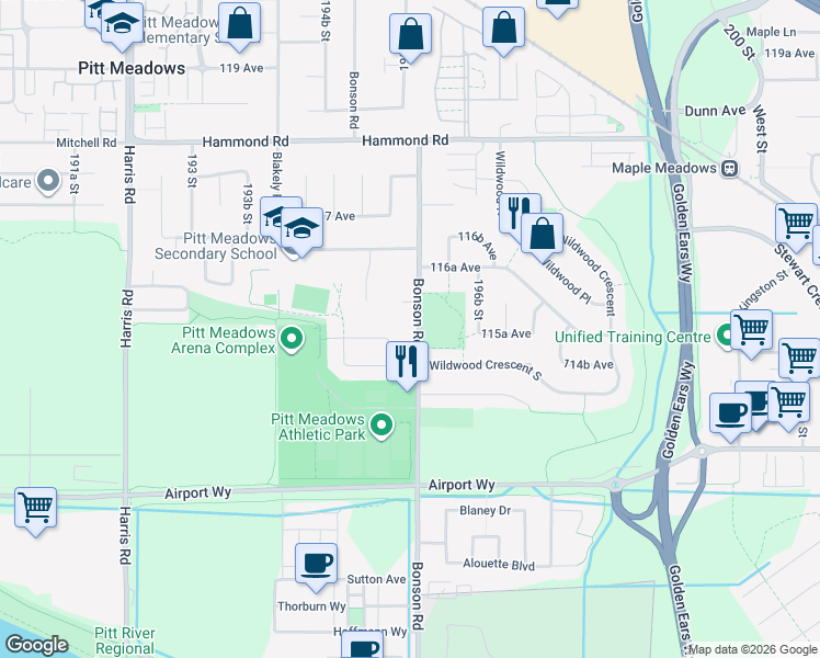 map of restaurants, bars, coffee shops, grocery stores, and more near 11553 Bonson Road in Pitt Meadows