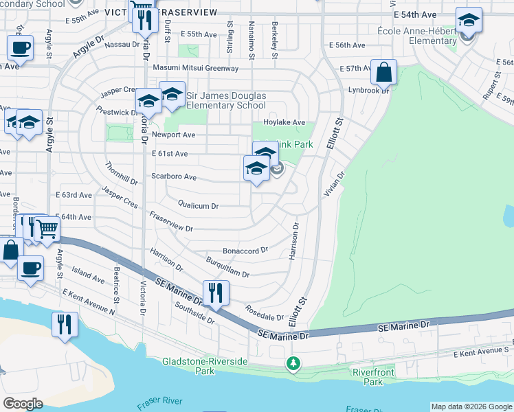 map of restaurants, bars, coffee shops, grocery stores, and more near 7888 Nanaimo Street in Vancouver